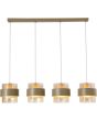 Brandende Searchlight Royal hanglamp van 93cm lang met zandkleurige plafondbalk en vier pendels zandkleurige metalen band om een cilindervormig amberkleurig ribbelglazen kap