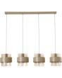 Searchlight Royal hanglamp van 93cm lang met zandkleurige plafondbalk en vier pendels zandkleurige metalen band om een cilindervormig amberkleurig ribbelglazen kap