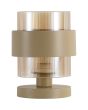 Searchlight Royal tafellamp met zandkleurige voet en zandkleurige metalen band om een cilindervormig amberkleurig ribbelglas