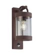 Trio Sambesi 204169124 brandende roestbruine wandlamp voor buiten met een rechthoekige wandplaat en hangende cilindervormige kap met bewegingsmelder