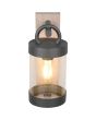 Trio Sambesi 204169135 foto van boven van antraciet grijze wandlamp voor buiten met een rechthoekige houtkleurige wandplaat en hangende cilindervormige kap met bewegingsmelder