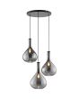 zwarte hanglamp Sander met een diameter van 50 cm en drie pendels met elk een druppelvormige kap van rookglas met een diameter van 25cm
