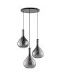 zwarte hanglamp Sander met een diameter van 50 cm en drie pendels met elk een druppelvormige kap van rookglas met een diameter van 25cm