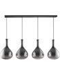 zwarte hanglamp Sander met een lengte van 124 cm en vier pendels met elk een druppelvormige kap van rookglas met een diameter van 25cm