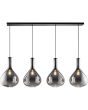 zwarte hanglamp Sander met een lengte van 124 cm en vier pendels met elk een druppelvormige kap van rookglas met een diameter van 25cm
