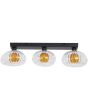 Searchlight Sunbeam 24122-3BK zijaanzicht plafondlamp met zwarte plafondbalk en drie kapjes van helder en amber glas met bloemvormig onderaanzicht