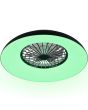 Groen brandende Reality Svaerholt zwarte plafondventilator met RGB LED in een rand van 60 cm rond een kunststof zeven armige ventilator met zwart rooster ervoor