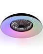 Reality Svaerholt zwarte plafondventilator met RGB LED in een rand van 60 cm rond een kunststof zeven armige ventilator met zwart rooster ervoor