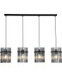 Searchlight Swizzle 55620-4SM brandende hanglamp van 111cm in lengte met zwarte plafondbalk en vier pendels met ring van rookglazen staafjes met E27 edison lamp in het midden