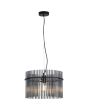 Searchlight Swizzle 55621SM brandende hanglamp van 40cm in diameter met zwarte plafondplaat en pendel met ring van rookglazen staafjes met E27 edison lamp in het midden