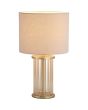 Searchlight Swizzle EU55623CP brandende tafellamp van 40cm hoog met goudkleurige voet van een ring van champagnekleurige glazen staafjes en kap van wit textiel