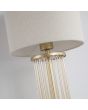 Searchlight Swizzle EU55623CP detailfoto van de voet en onderzijde kap van de tafellamp van 40cm hoog met goudkleurige voet van een ring van champagnekleurige glazen staafjes en kap van wit textiel