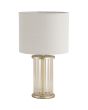 Searchlight Swizzle EU55623CP tafellamp van 40cm hoog met goudkleurige voet van een ring van champagnekleurige glazen staafjes en kap van wit textiel