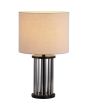 Searchlight Swizzle EU55623SM brandende tafellamp van 40cm hoog met zwarte voet van een ring van rookglazen staafjes en kap van wit textiel