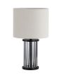 Searchlight Swizzle EU55623SM tafellamp van 40cm hoog met zwarte voet van een ring van rookglazen staafjes en kap van wit textiel