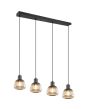 Trio Tarifa 362800432 brandende hanglamp met zwarte plafondbalk en vier pendels met een verchroomd ribbelglazen kap