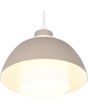 Onderaanzicht brandende Reality Tilos warm beige hanglamp met een metalen kap van 23 cm in diameter met een wit glazen binnenkap
