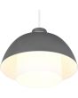 Onderaanzicht brandende Reality Tilos antraciet grijze hanglamp met een metalen kap van 30 cm in diameter met een wit glazen binnenkap