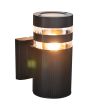 brandende zwart geribbelde wandlamp voor buiten van 19 cm hoog met twee transparante ringen