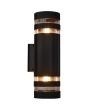 brandende zwart geribbelde up en down wandlamp voor buiten van 19 cm hoog met twee transparante ringen per zijde