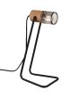Trio Tosh 504300132 brandende tafellamp met zwarte beugel als voet en spot met houten achterkant en zwart gaas van voren