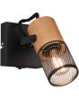 Trio Tosh 804370132 brandende wandspot met vierkante zwarte wandplaat met schakelaar en houten spotje met cilindervormig kapje van zwart metaalgaas