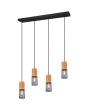 Trio Tosh 304300432 brandende hanglamp met zwarte plafondbalk en vier cilindervormige kapjes met hout van boven en zwart gaas van onder
