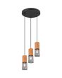 Trio Tosh 304330332 brandende hanglamp met zwarte ronde plafondplaat en drie cilindervormige kapjes met hout van boven en zwart gaas van onder