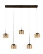 bronzen langwerpige hanglamp van 131 cm lang met vijf pendels met elk een champagne kleurig glazen kap en acryl binnenkap