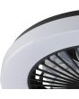 Detailfoto van een hoek van de Brilliant Varelo zwarte plafondventilator van 42 cm in diameter met geïntegreerde LED rand rond de ventilator