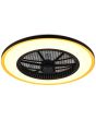 Brandende Reality Varpula zwarte plafondventilator met geel randje en LED in een rand van 55 cm rond een transparant kunststof zeven armige ventilator met zwart rooster ervoor