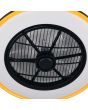 Onderaanzicht Reality Varpula zwarte plafondventilator met geel randje en LED in een rand van 55 cm rond een transparant kunststof zeven armige ventilator met zwart rooster ervoor