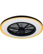 Reality Varpula zwarte plafondventilator met geel randje en LED in een rand van 55 cm rond een transparant kunststof zeven armige ventilator met zwart rooster ervoor