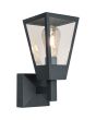 Brandende Brilliant Westcliff antraciet grijze wandlamp voor buiten van 33cm hoog met rechthoekige staande lantaarn met helder glazen ruitjes