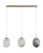 Searchlight Whirl 24141-3SB hanglamp met mat messing plafondbalk en drie pendels met ovaal gedraaid glazen kappen in helder, amber en rookglas