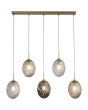 Searchlight Whirl 24141-5SB brandende hanglamp met mat messing plafondbalk en vijf pendels met ovaal gedraaid glazen kappen in helder, amber en rookglas