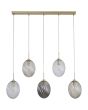 Searchlight Whirl 24141-5SB hanglamp met mat messing plafondbalk en vijf pendels met ovaal gedraaid glazen kappen in helder, amber en rookglas