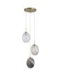 Searchlight Whirl 24141-3SB hanglamp met ronde mat messing plafondplaat en drie pendels met ovaal gedraaid glazen kappen in helder, amber en rookglas