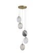 Searchlight Whirl 24141-5SB hanglamp met ronde mat messing plafondplaat en vijf pendels met ovaal gedraaid glazen kappen in helder, amber en rookglas