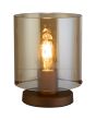 Brandende Searchlight Zweden tafellamp van 26cm hoog met mokkabruine lampvoet en cilindervormig amberkleurig glazen kap
