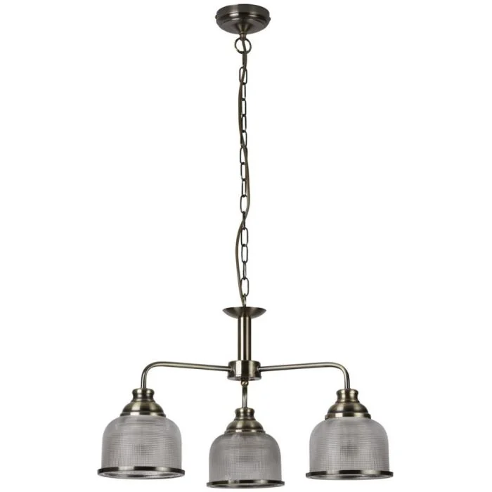 Searchlight Bistro 1683-3AB antiek bronzen kroonluchter met holofaan glas