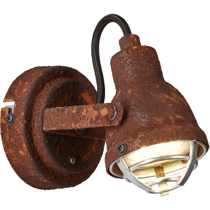 Brilliant Bente 26310/60 roestig wandspotje met stalen rooster voor een GU10 lamp en zwart strijkijzer snoer