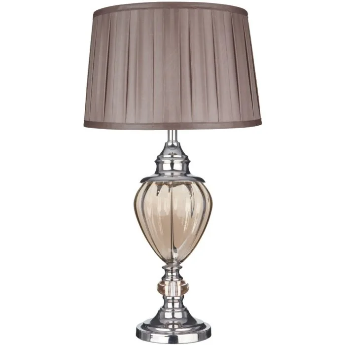 Searchlight Greyson EU3721AM chroom met amber glas en bruine kap tafellamp