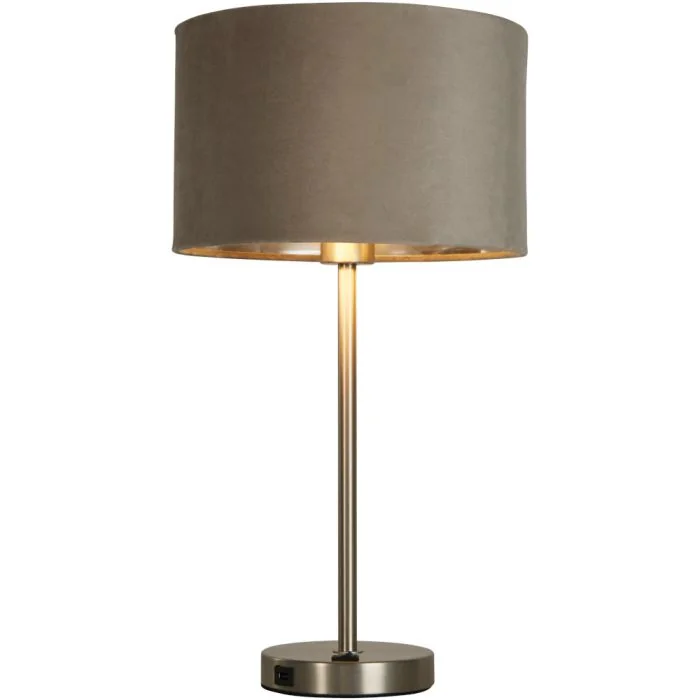 Searchlight Finn USB EU58911TA tafellamp met USB en taupe fluwelen kap