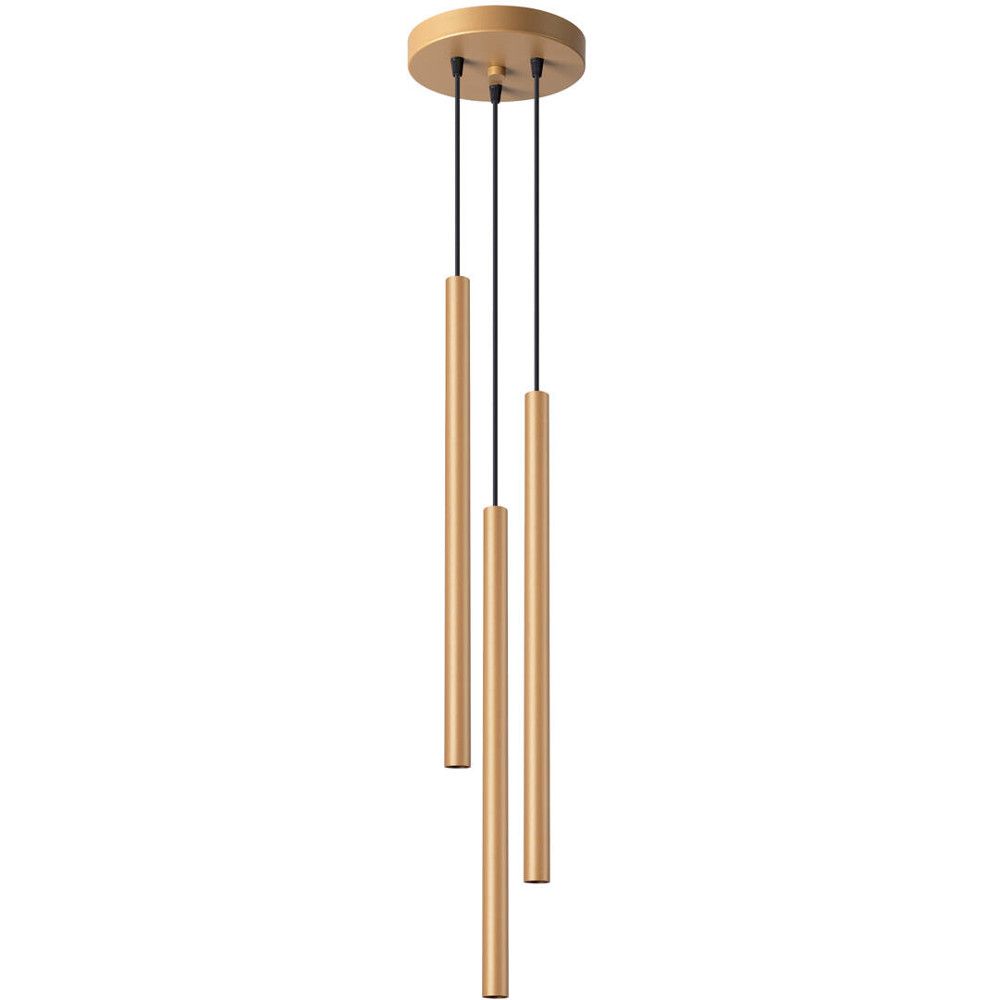 Hanglamp met drie goudkleurige kappen in buisvorm van 50cm hoog en 3cm in diameter