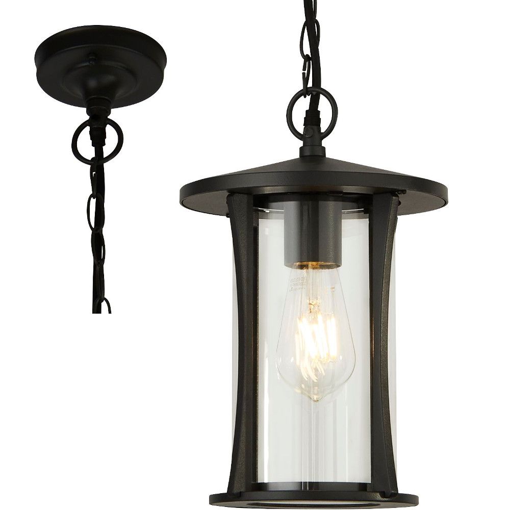 Zwarte hanglamp aan zwarte ketting met helder glas