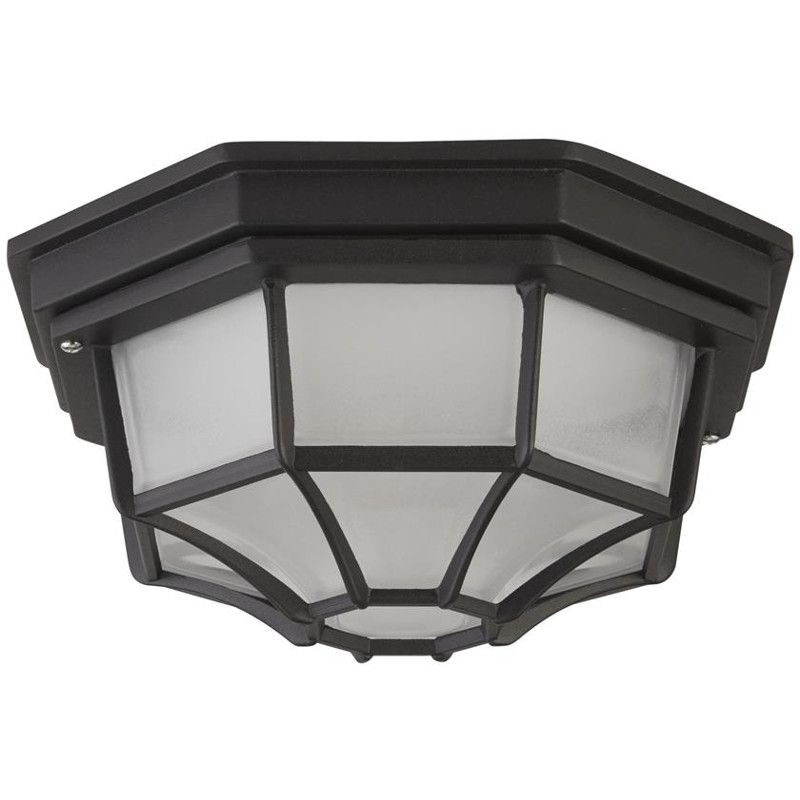 Zwarte plafondlamp voor buiten met mat glas en zwart rooster voor het glas