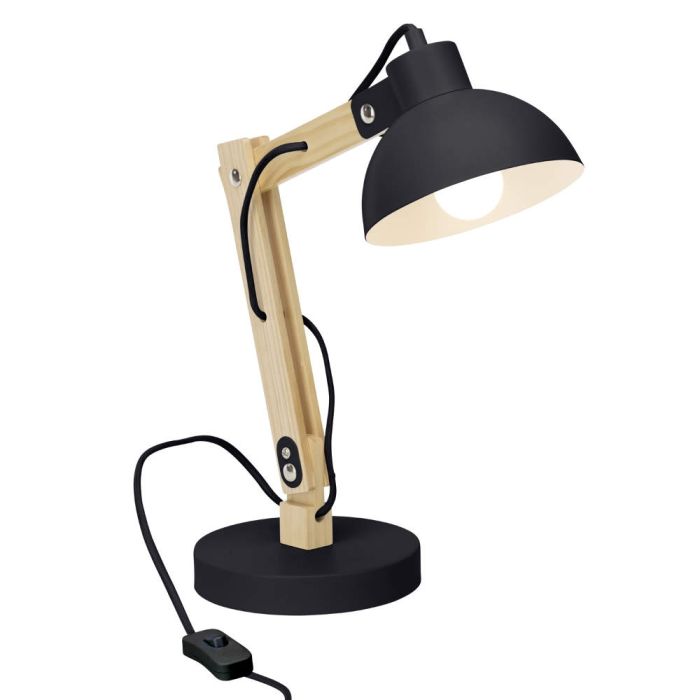 Bureaulamp van hout met zwarte kap en voet van metaal