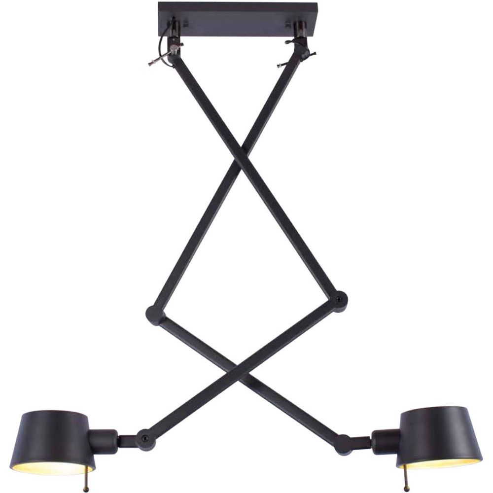 Hanglamp met twee kappen. Zwart met scharnierende armen welke vastgezet kunnen worden