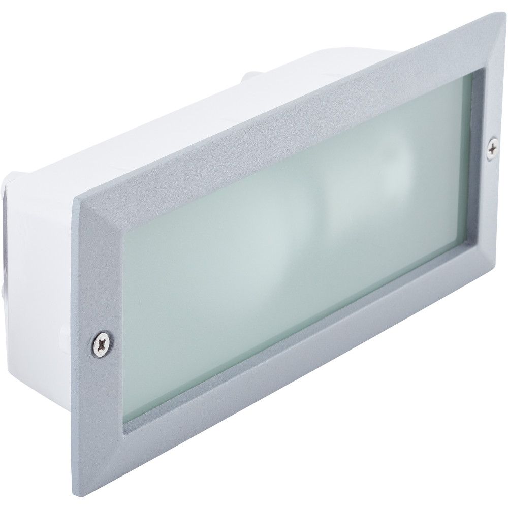 Rechthoekige inbouwlamp voor een wand buiten met grijze rand en mat glas